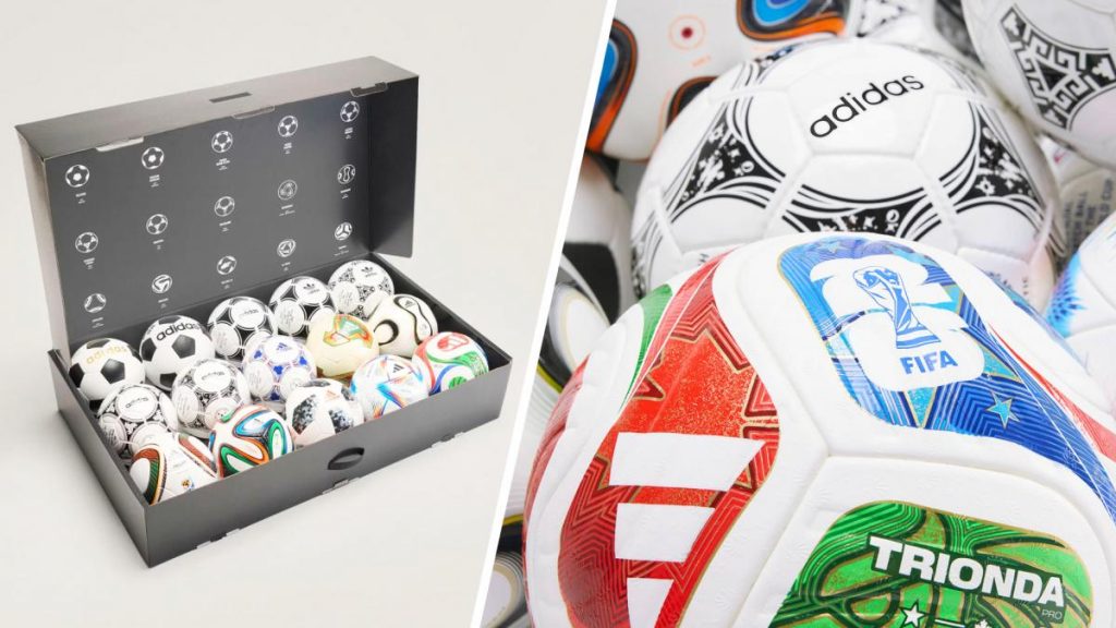 Coffret collector Adidas réunissant les 15 ballons officiels de la Coupe du Monde de 1970 à 2026.